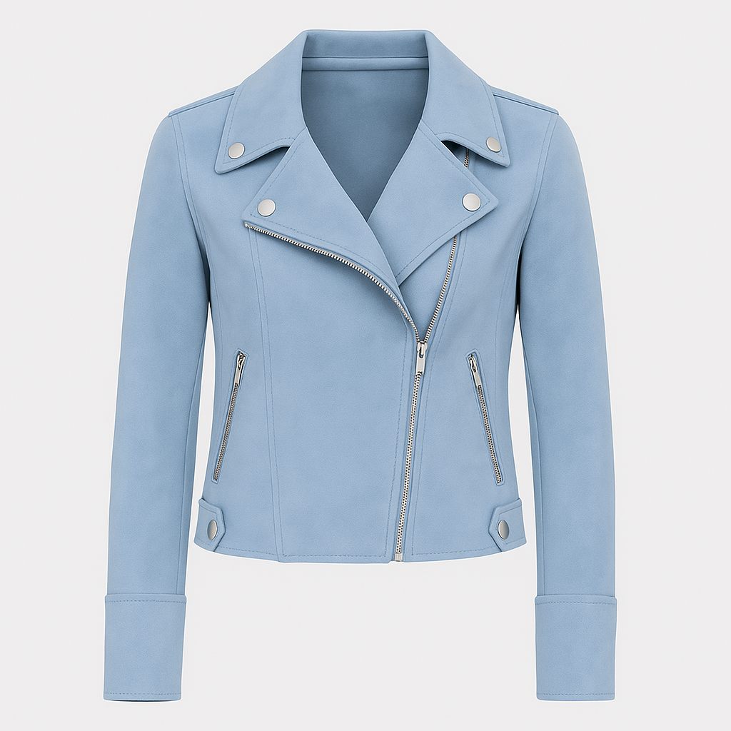 Moto-style jacket with asymmetrical zipper, notched lapel collar, and metallic hardware detailing designed for versatile layering