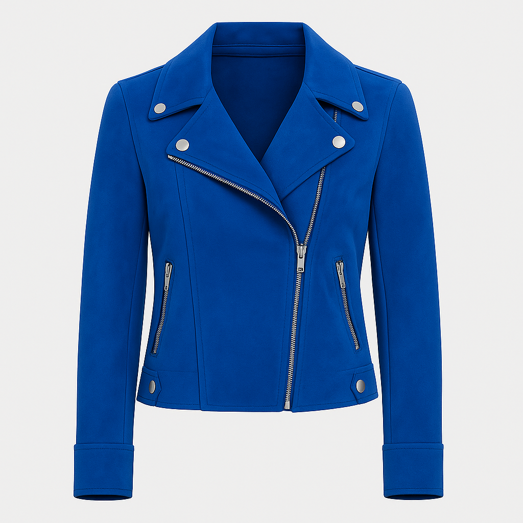 Moto-style jacket with asymmetrical zipper, notched lapel collar, and metallic hardware detailing designed for versatile layering