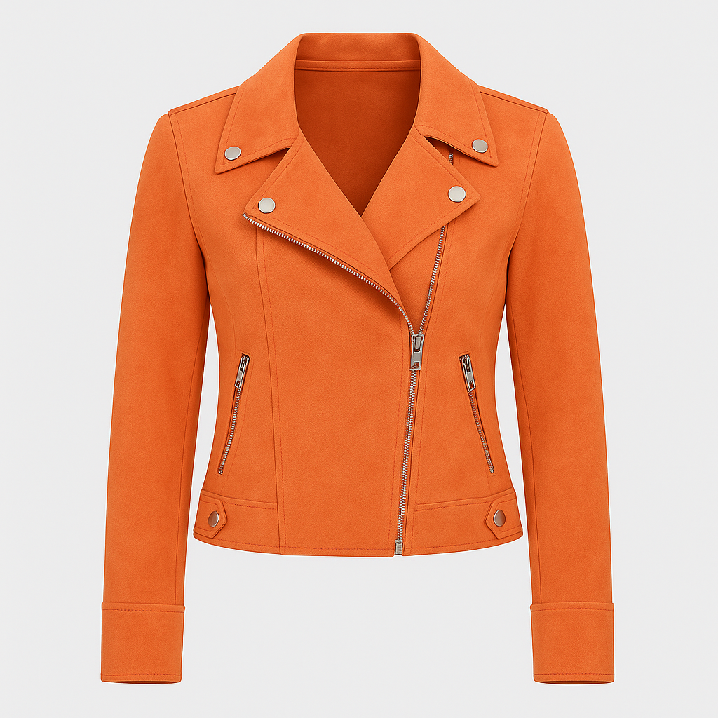 Moto-style jacket with asymmetrical zipper, notched lapel collar, and metallic hardware detailing designed for versatile layering