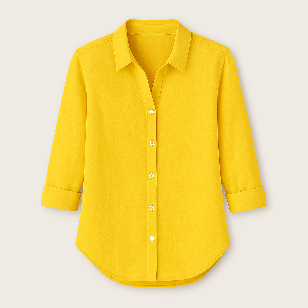 Button-up blouse, collared neckline, and 3/4 rolled sleeves.