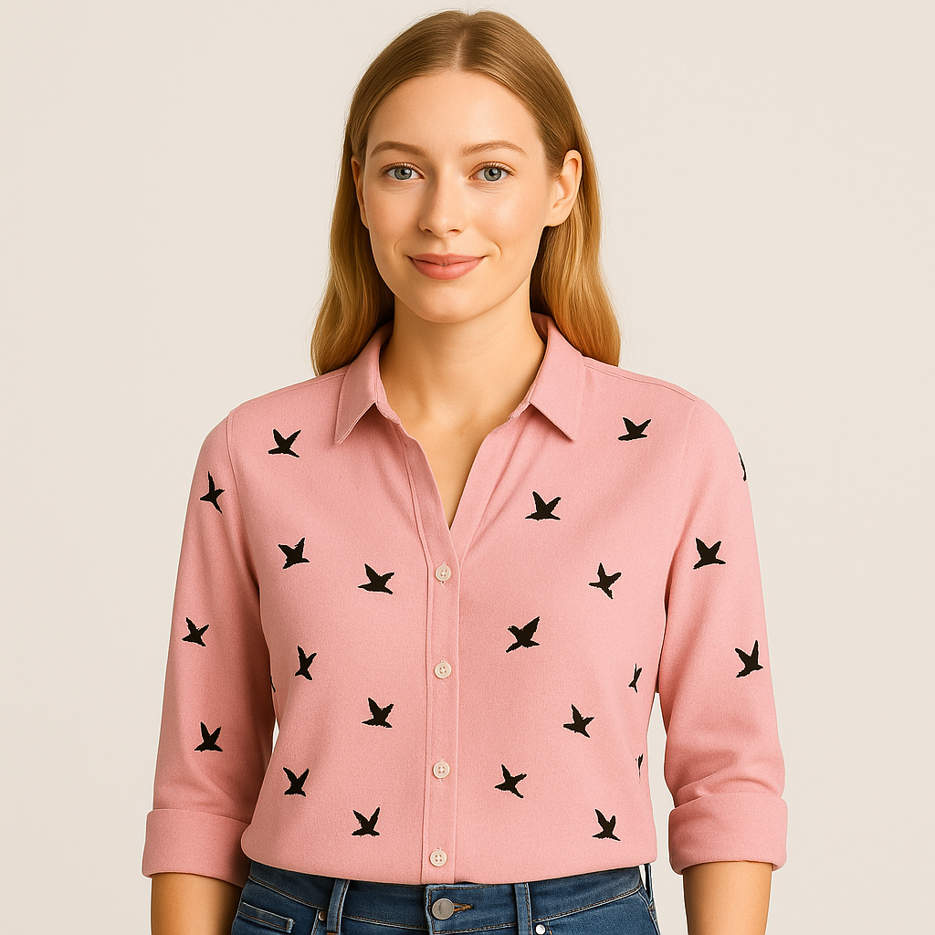 Button-up blouse with black bird print pattern, collared neckline, and 3/4 rolled sleeves.