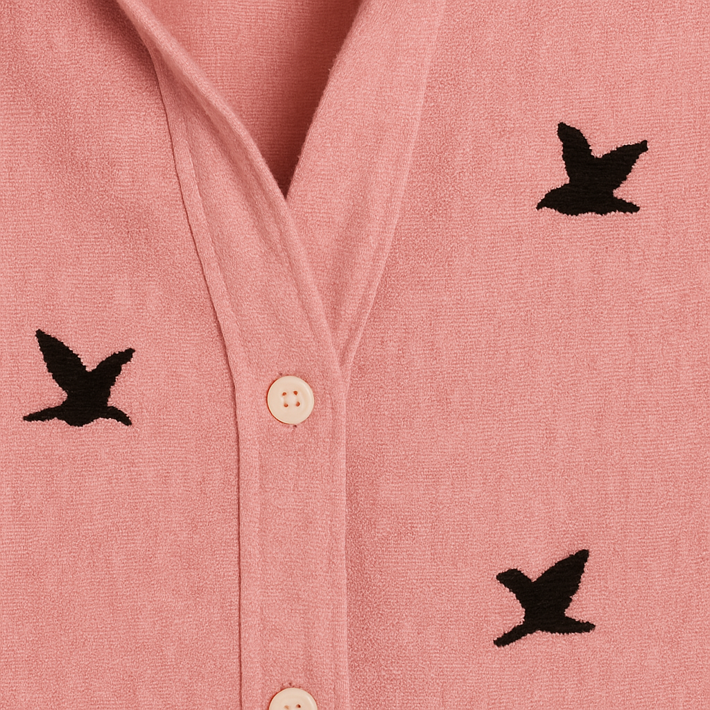 Button-up blouse with black bird print pattern, collared neckline, and 3/4 rolled sleeves.
