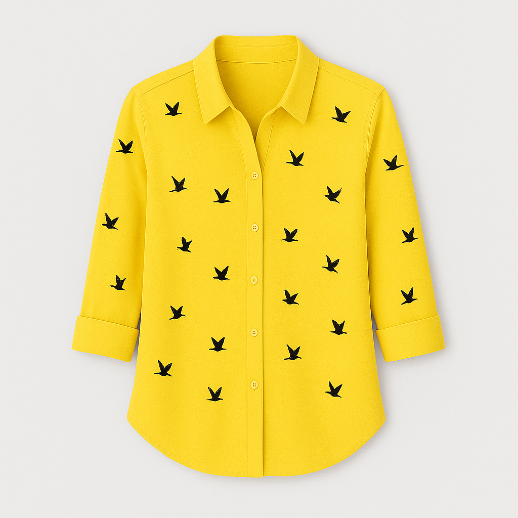 Button-up blouse with black bird print pattern, collared neckline, and 3/4 rolled sleeves.