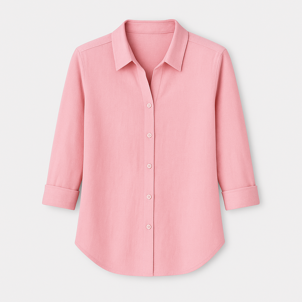 Button-up blouse, collared neckline, and 3/4 rolled sleeves.