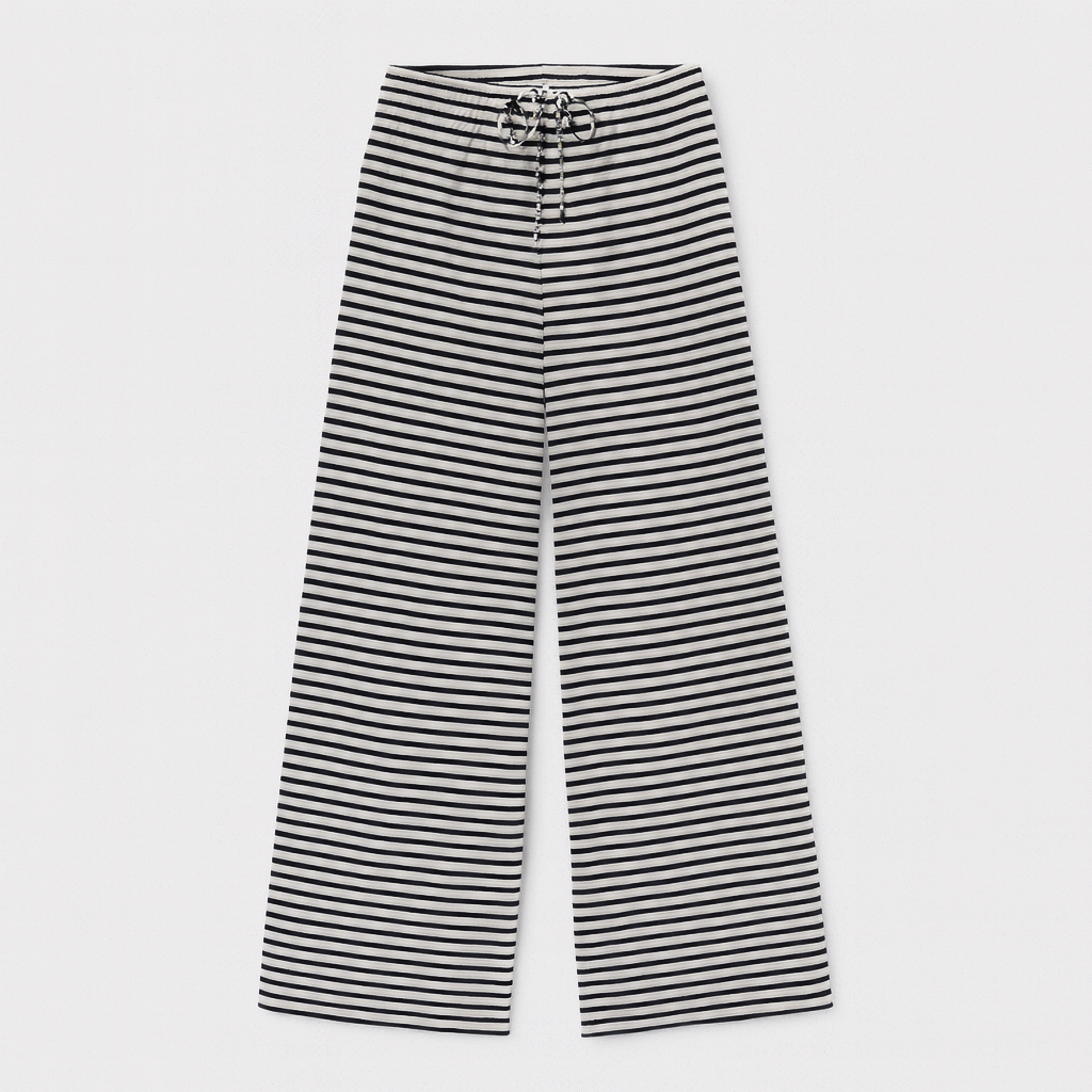 Wide-leg striped pants with elastic waistband and drawstring tie.