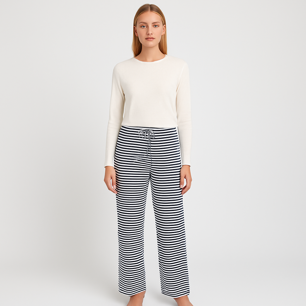 Wide-leg striped pants with elastic waistband and drawstring tie.