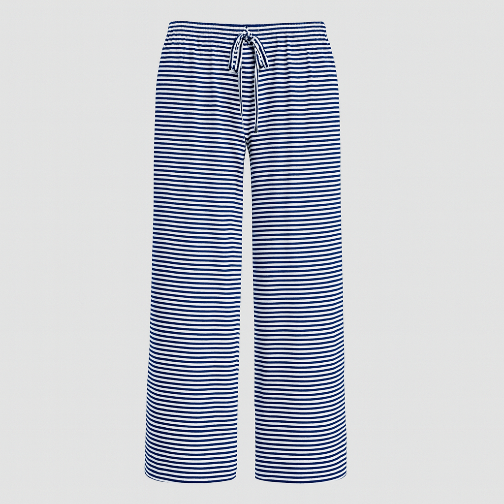Wide-leg striped pants with elastic waistband and drawstring tie.