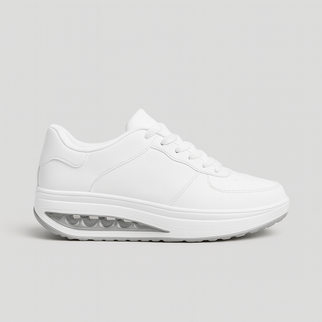 White sneakers with air-cushion sole, lace-up design, and minimalist sporty style