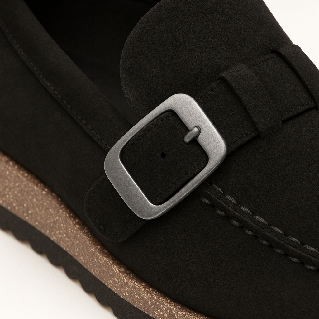 Black loafer with buckle detail, cork-textured platform sole, and slip-on design