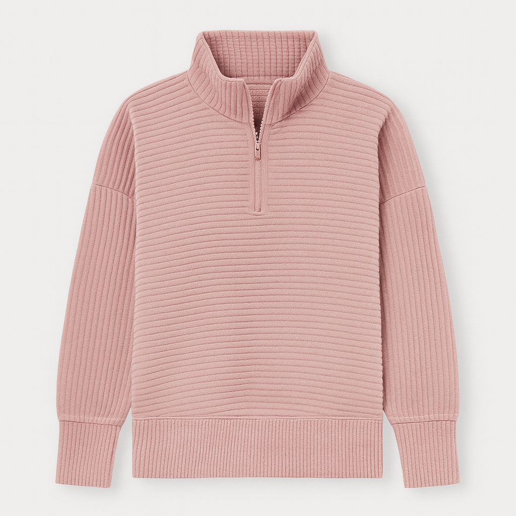 Half-zip ribbed jumper with a high collar, long sleeves, and ribbed cuffs and hem.