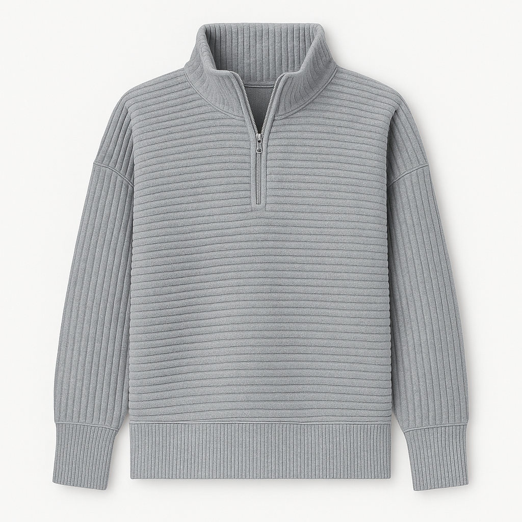 Half-zip ribbed jumper with a high collar, long sleeves, and ribbed cuffs and hem.