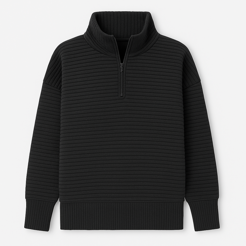 Half-zip ribbed jumper with a high collar, long sleeves, and ribbed cuffs and hem.