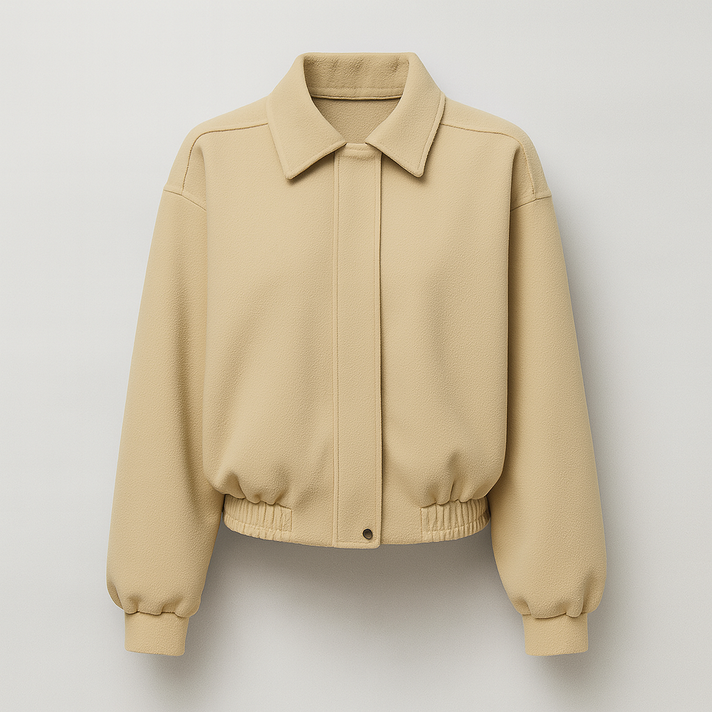A beige wool-blend bomber jacket with a concealed front, classic collar, long sleeves, and elastic hem for a minimalist refined look.