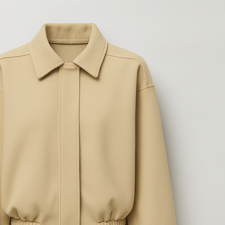 A beige wool-blend bomber jacket with a concealed front, classic collar, long sleeves, and elastic hem for a minimalist refined look.