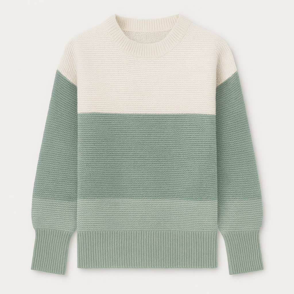 Crew neck jumper with a two-tone block design, textured knit pattern, and ribbed cuffs and hem.