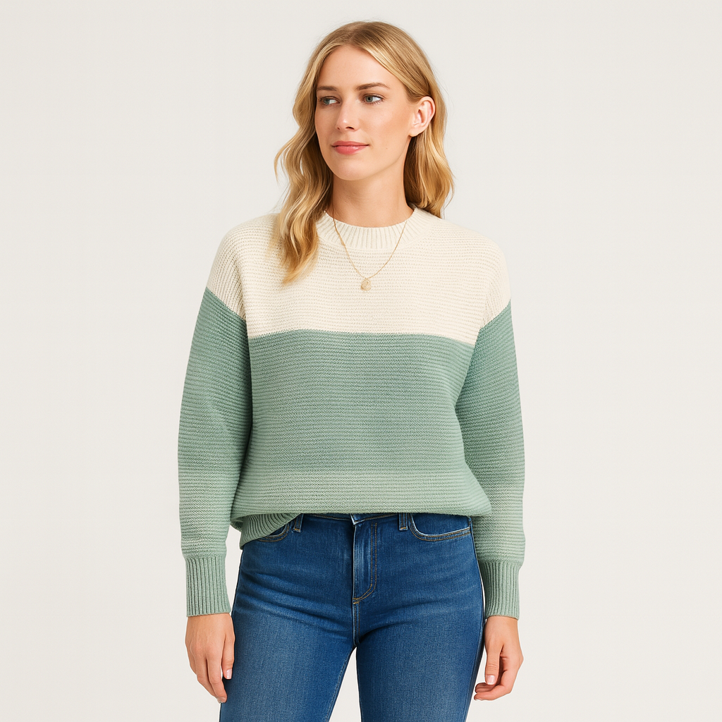 Crew neck jumper with a two-tone block design, textured knit pattern, and ribbed cuffs and hem.