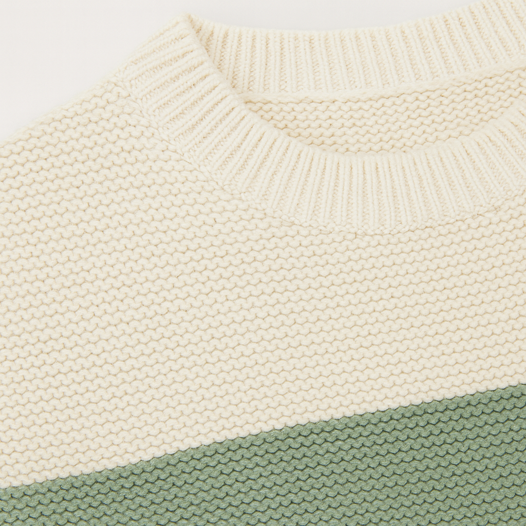 Crew neck jumper with a two-tone block design, textured knit pattern, and ribbed cuffs and hem.