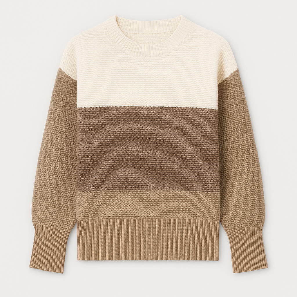Crew neck jumper with a two-tone block design, textured knit pattern, and ribbed cuffs and hem.