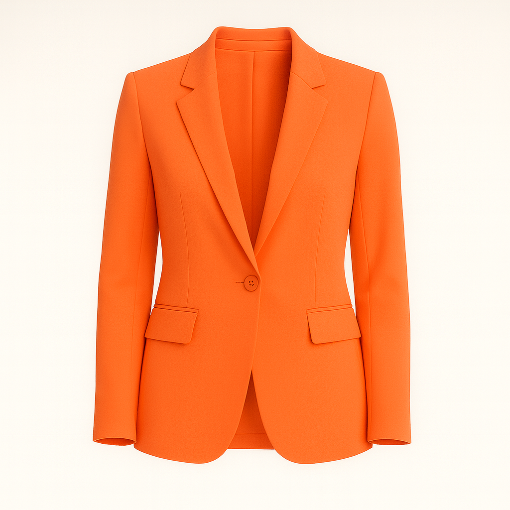 A tailored blazer with a single-button closure, notched lapels, and structured shoulders. It features two front flap pockets and a fitted silhouette for a sleek, modern look.