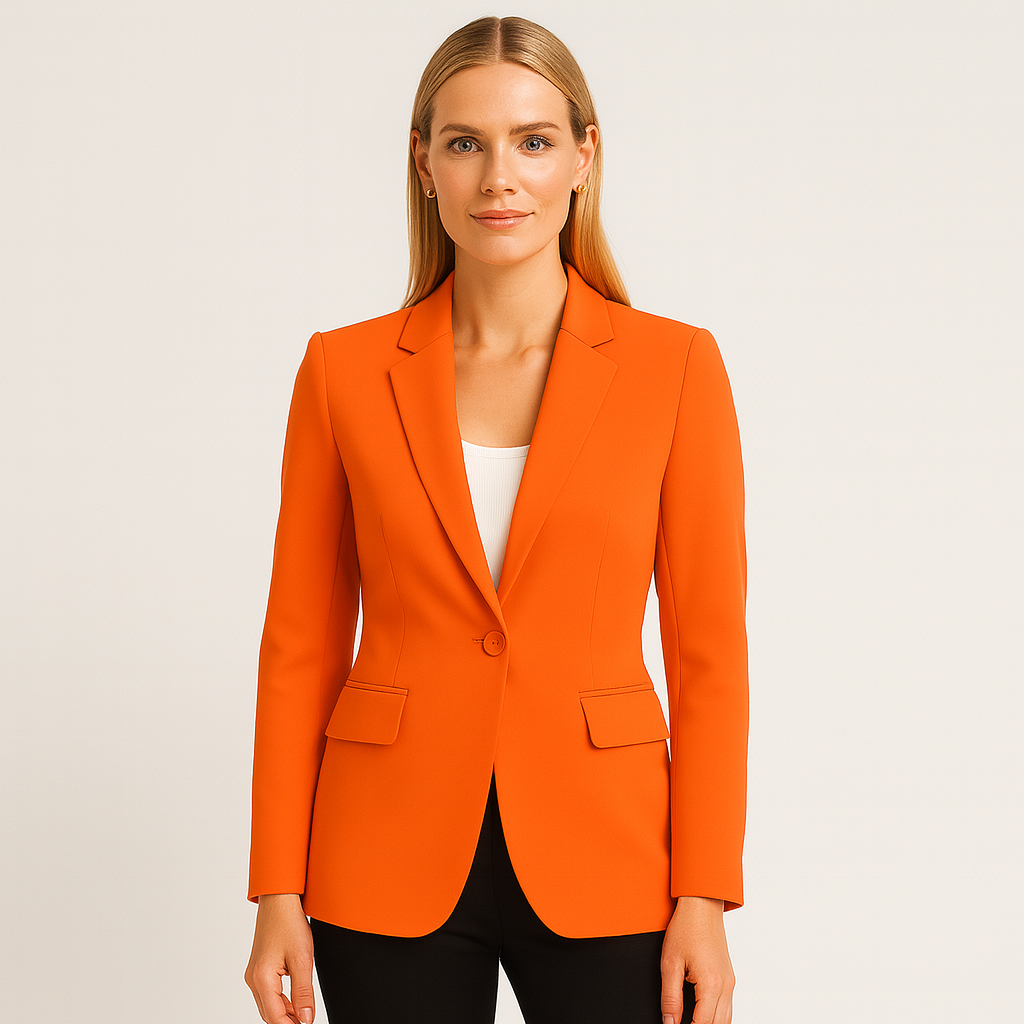 A tailored blazer with a single-button closure, notched lapels, and structured shoulders. It features two front flap pockets and a fitted silhouette for a sleek, modern look.
