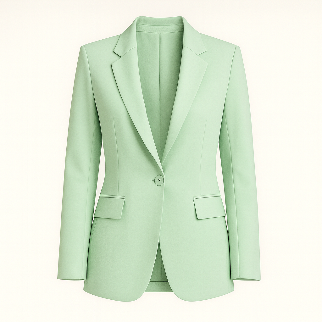 A tailored blazer with a single-button closure, notched lapels, and structured shoulders. It features two front flap pockets and a fitted silhouette for a sleek, modern look.