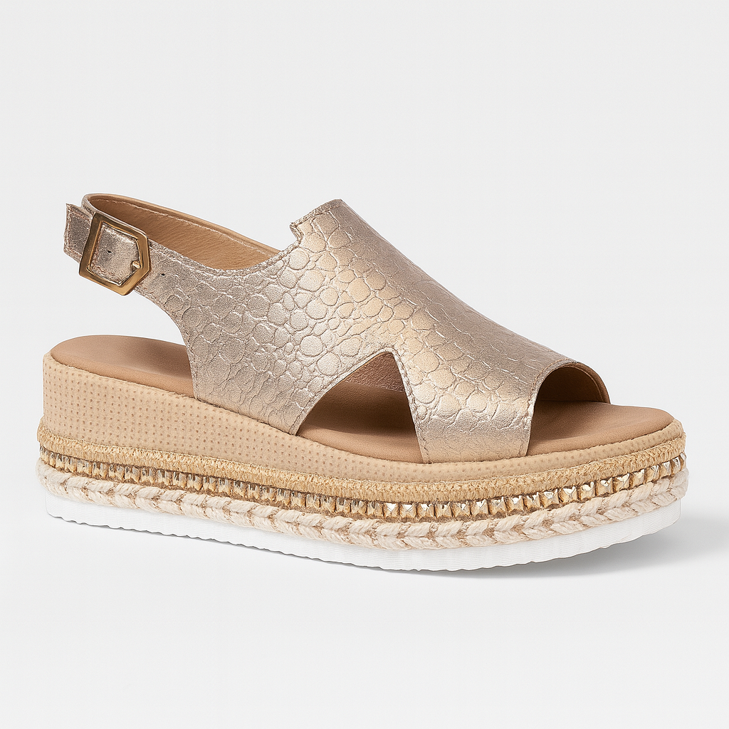 Platform sandal with textured upper, slingback strap, and braided midsole detail.