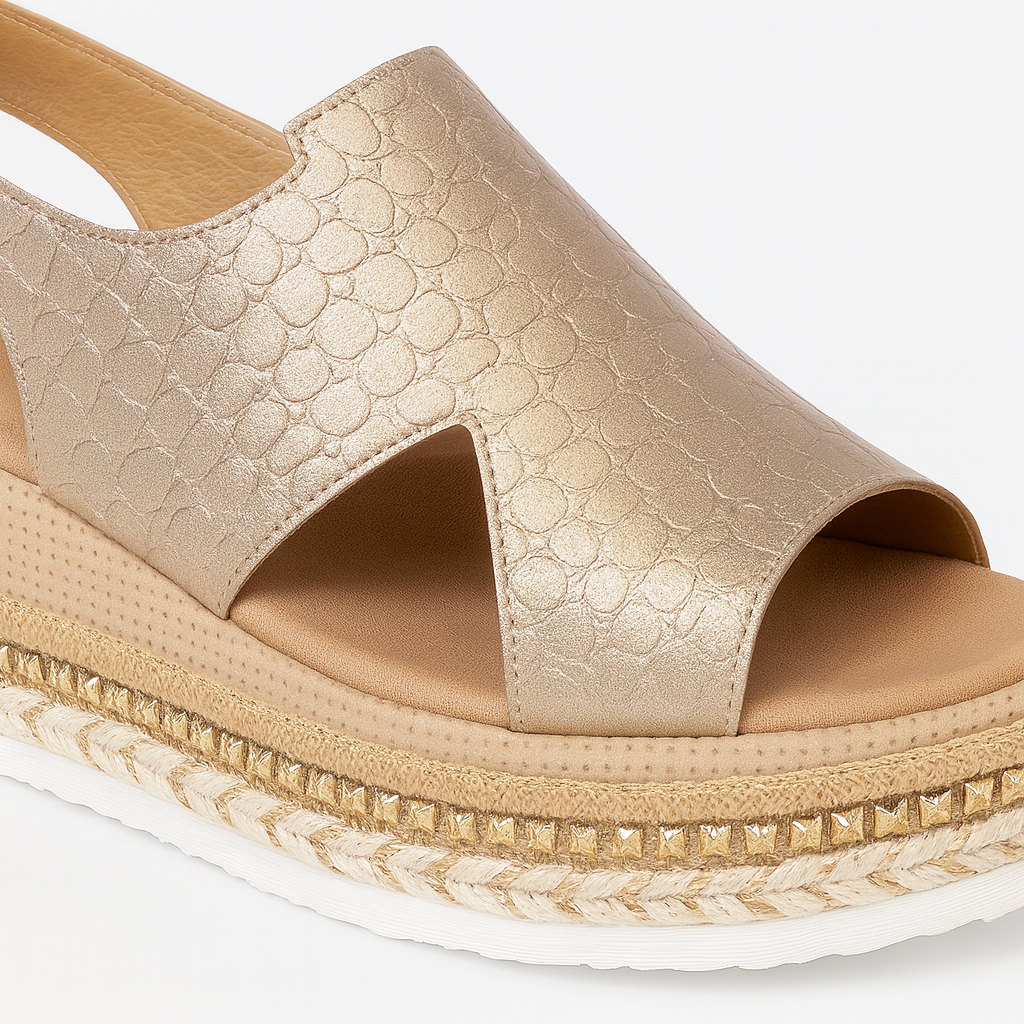 Platform sandal with textured upper, slingback strap, and braided midsole detail.