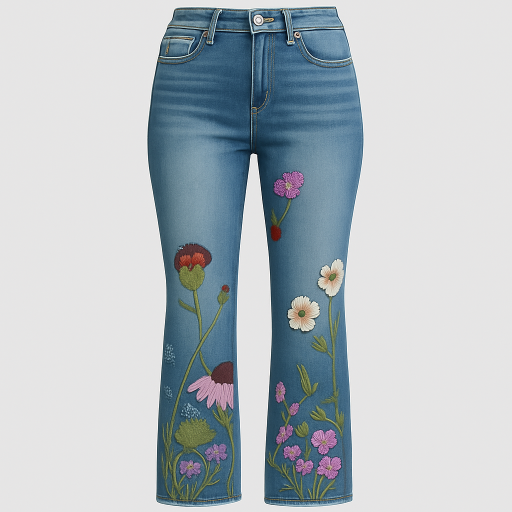 Straight-leg jeans with embroidered floral designs along the front legs, styled for modern feminine looks