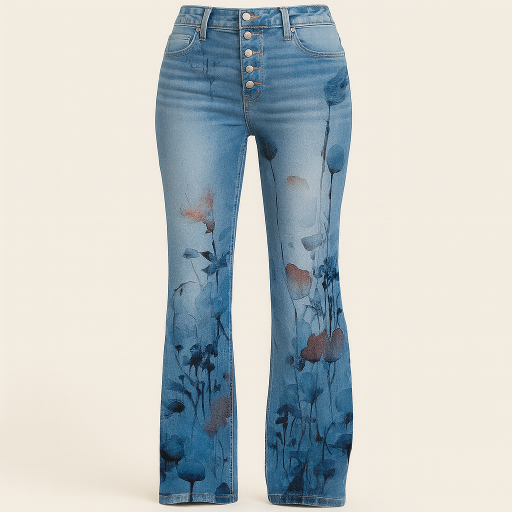 Straight-leg jeans with embroidered floral designs along the front legs, styled for modern feminine looks