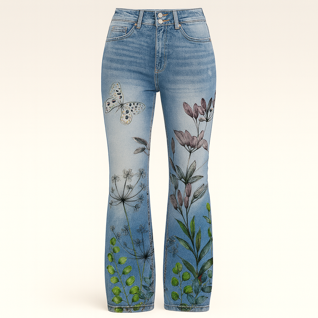 Straight-leg jeans with embroidered floral designs along the front legs, styled for modern feminine looks