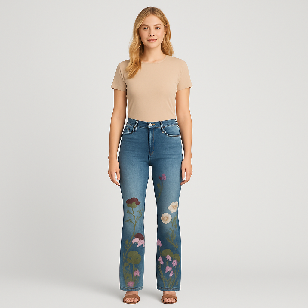 Straight-leg jeans with embroidered floral designs along the front legs, styled for modern feminine looks
