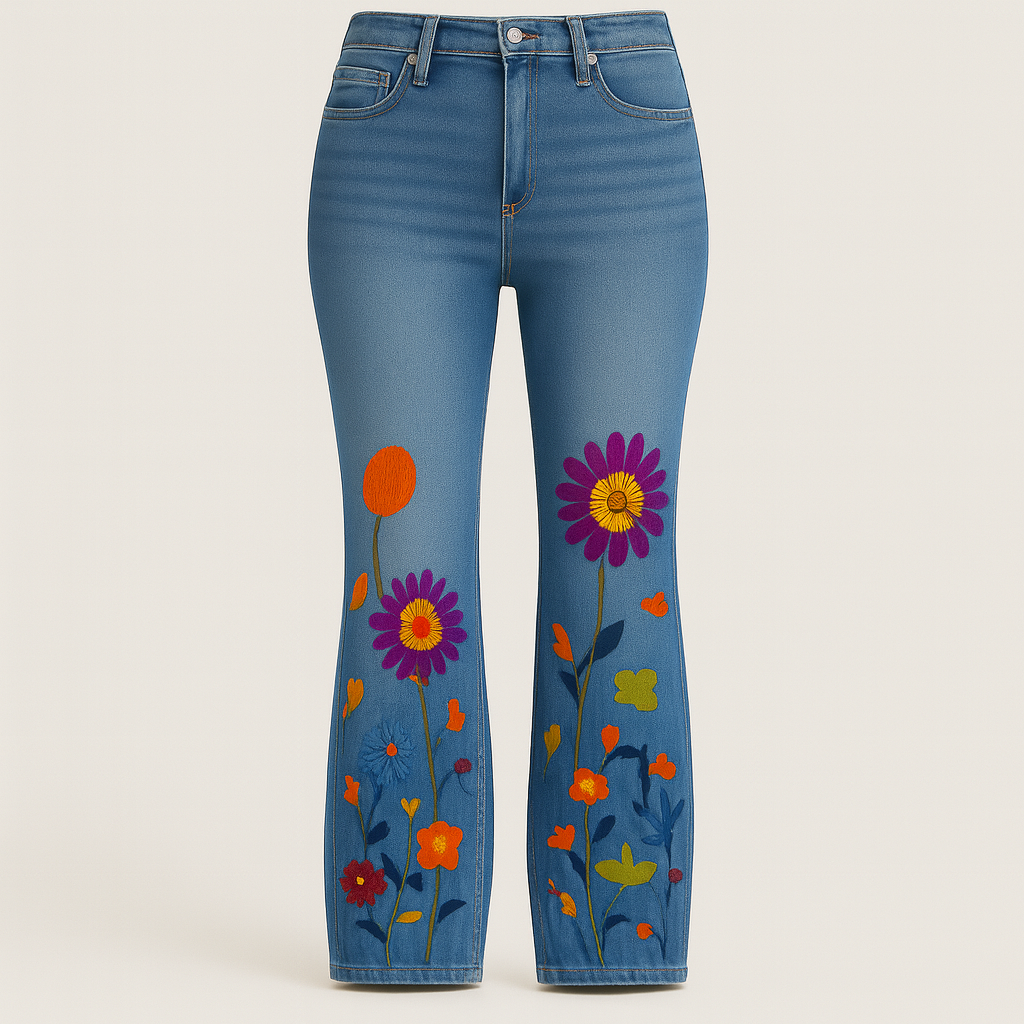 Straight-leg jeans with embroidered floral designs along the front legs, styled for modern feminine looks