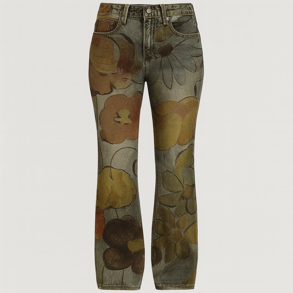 Straight-leg jeans with embroidered floral designs along the front legs, styled for modern feminine looks