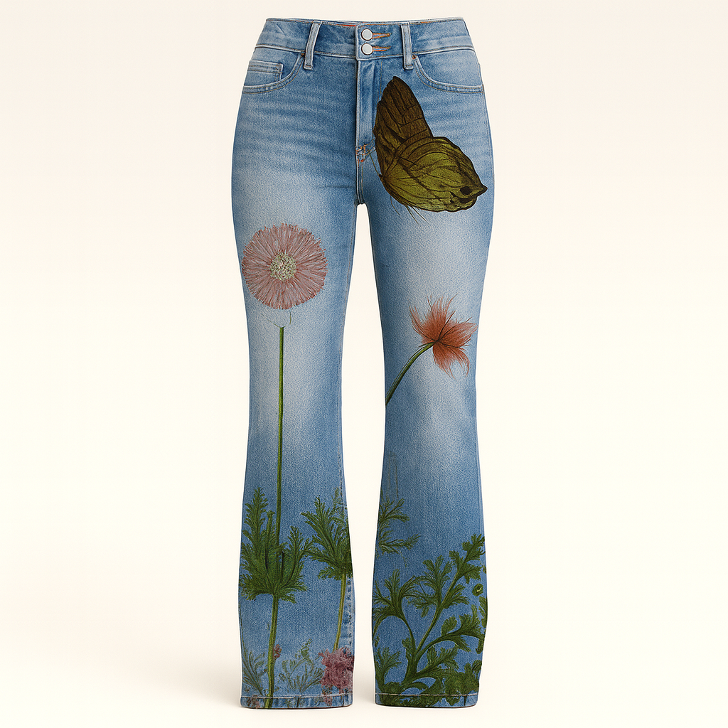 Straight-leg jeans with embroidered floral designs along the front legs, styled for modern feminine looks