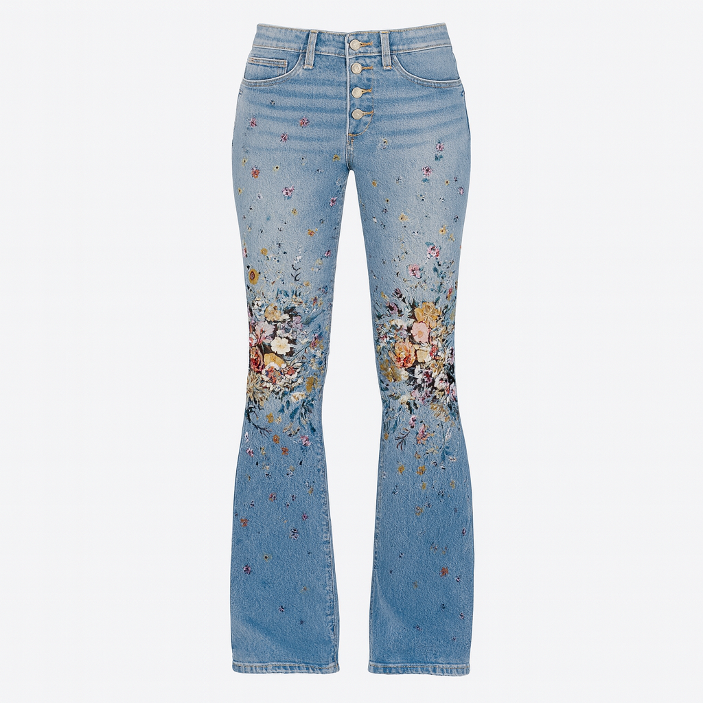 Straight-leg jeans with embroidered floral designs along the front legs, styled for modern feminine looks