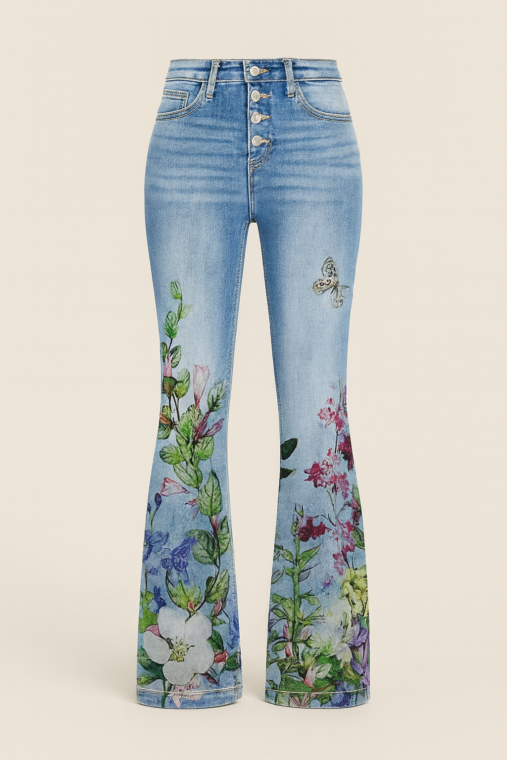 Straight-leg jeans with embroidered floral designs along the front legs, styled for modern feminine looks