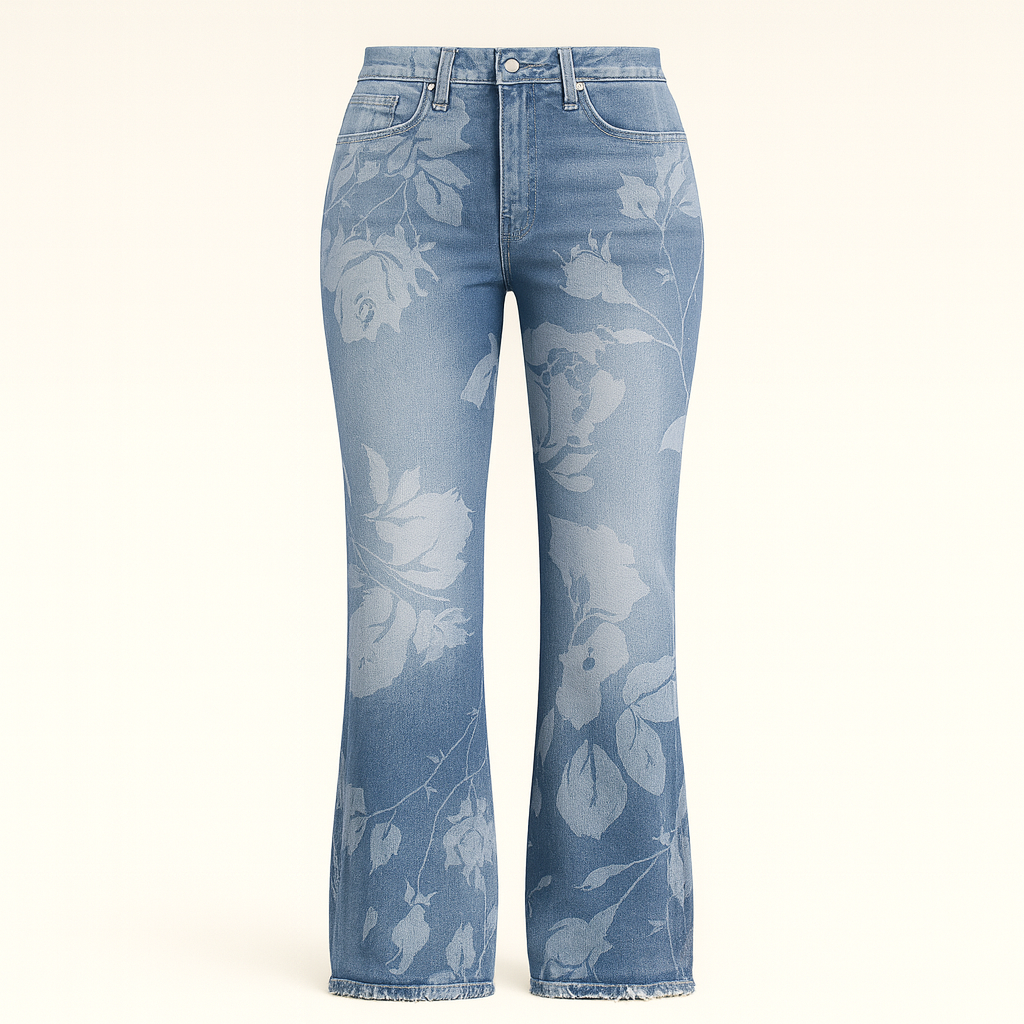 Straight-leg jeans with embroidered floral designs along the front legs, styled for modern feminine looks