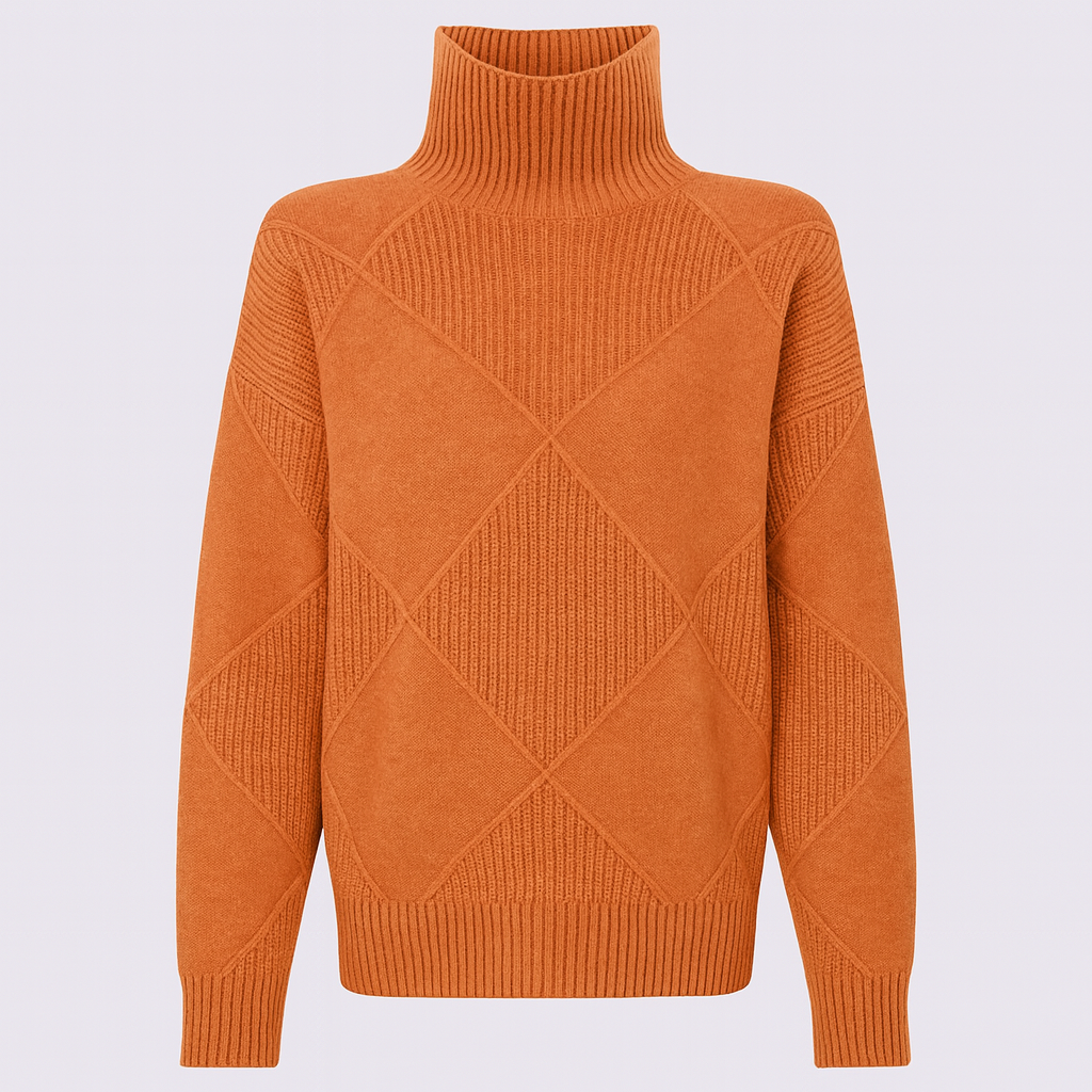 A turtleneck sweater with a large diamond-knit pattern, ribbed collar, cuffs, and hem, featuring long sleeves and a relaxed fit.