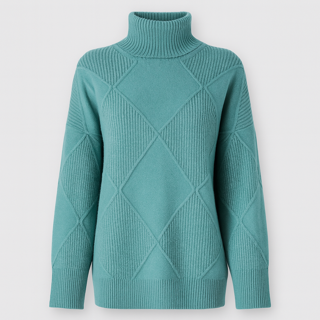 A turtleneck sweater with a large diamond-knit pattern, ribbed collar, cuffs, and hem, featuring long sleeves and a relaxed fit.