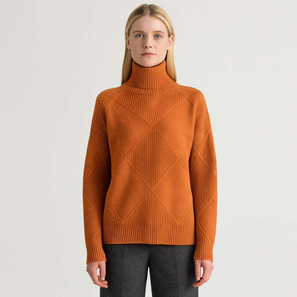 A turtleneck sweater with a large diamond-knit pattern, ribbed collar, cuffs, and hem, featuring long sleeves and a relaxed fit.