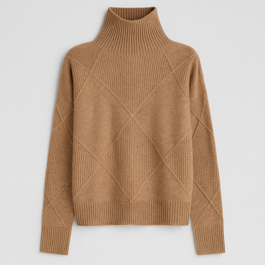 A turtleneck sweater with a large diamond-knit pattern, ribbed collar, cuffs, and hem, featuring long sleeves and a relaxed fit.