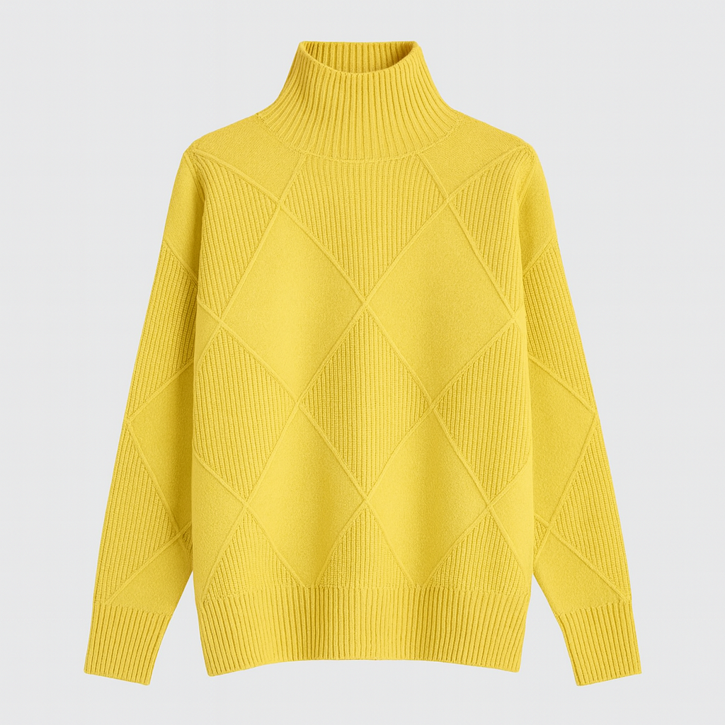 A turtleneck sweater with a large diamond-knit pattern, ribbed collar, cuffs, and hem, featuring long sleeves and a relaxed fit.
