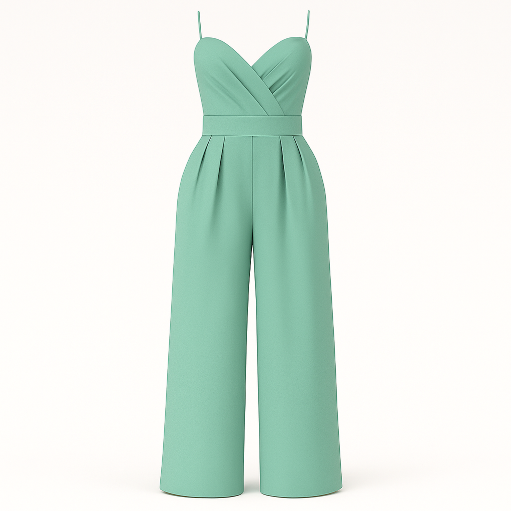 A sleek jumpsuit with thin spaghetti straps, a V-neck wrap-style bodice, and a fitted waistband. The design features wide-leg pleated pants that create an elegant and elongated silhouette, ideal for formal or evening occasions.