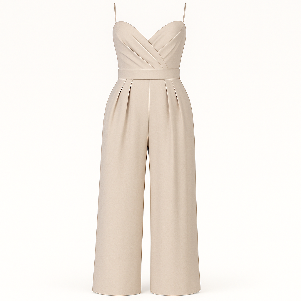 A sleek jumpsuit with thin spaghetti straps, a V-neck wrap-style bodice, and a fitted waistband. The design features wide-leg pleated pants that create an elegant and elongated silhouette, ideal for formal or evening occasions.