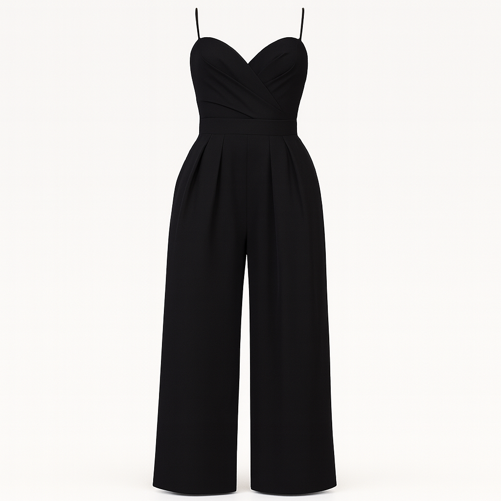 A sleek jumpsuit with thin spaghetti straps, a V-neck wrap-style bodice, and a fitted waistband. The design features wide-leg pleated pants that create an elegant and elongated silhouette, ideal for formal or evening occasions.