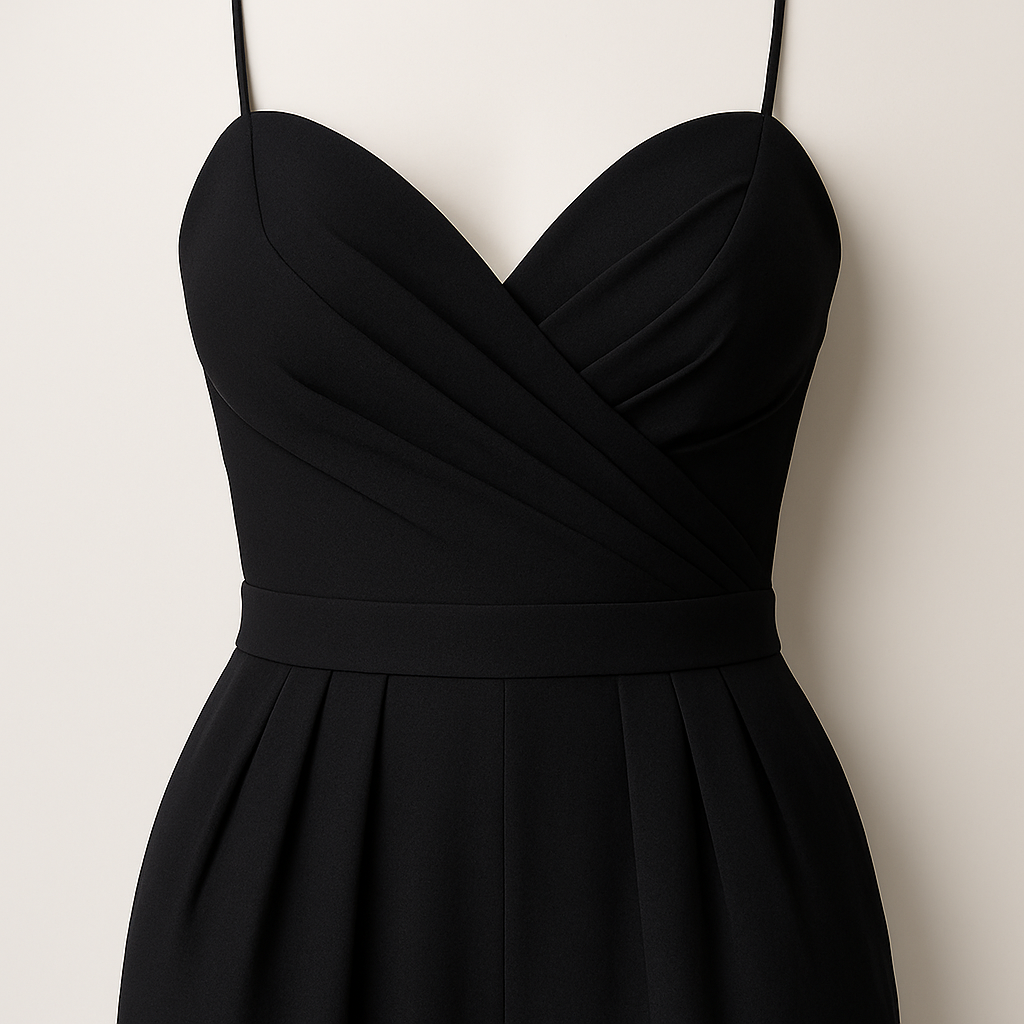 A sleek jumpsuit with thin spaghetti straps, a V-neck wrap-style bodice, and a fitted waistband. The design features wide-leg pleated pants that create an elegant and elongated silhouette, ideal for formal or evening occasions.
