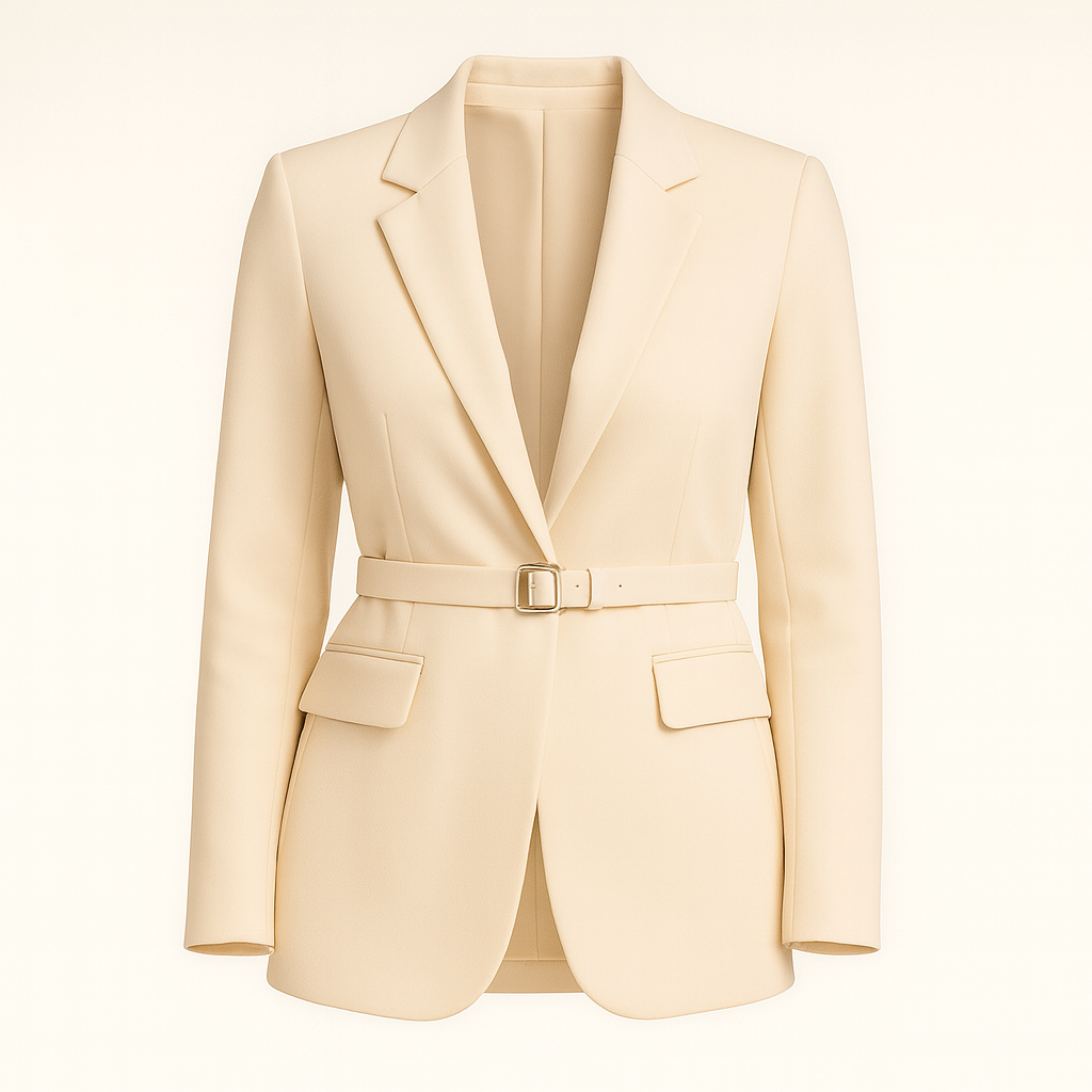 A tailored cream-colored blazer featuring a notched lapel collar, long sleeves, and a matching fabric belt with a rectangular buckle at the waist. It has a structured silhouette with two front flap pockets and a smooth, elegant finish.