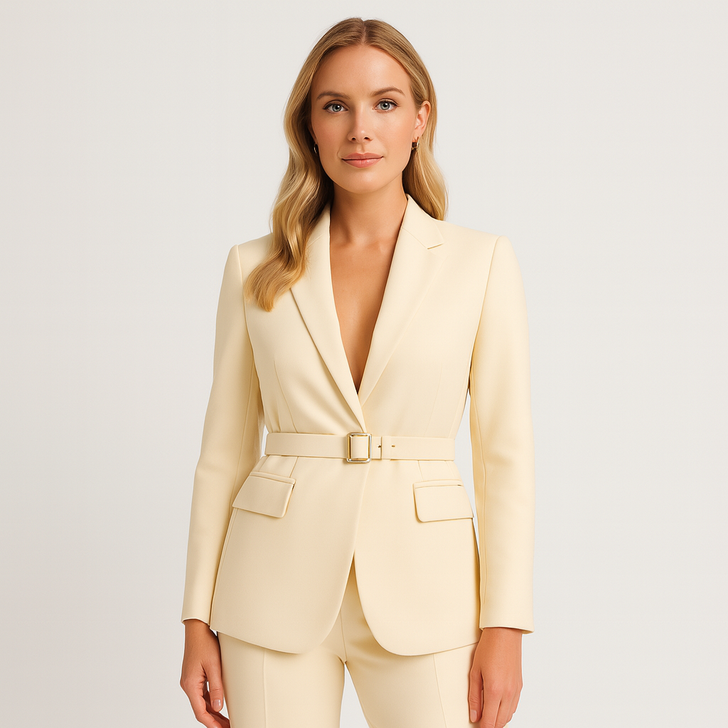 A tailored cream-colored blazer featuring a notched lapel collar, long sleeves, and a matching fabric belt with a rectangular buckle at the waist. It has a structured silhouette with two front flap pockets and a smooth, elegant finish.