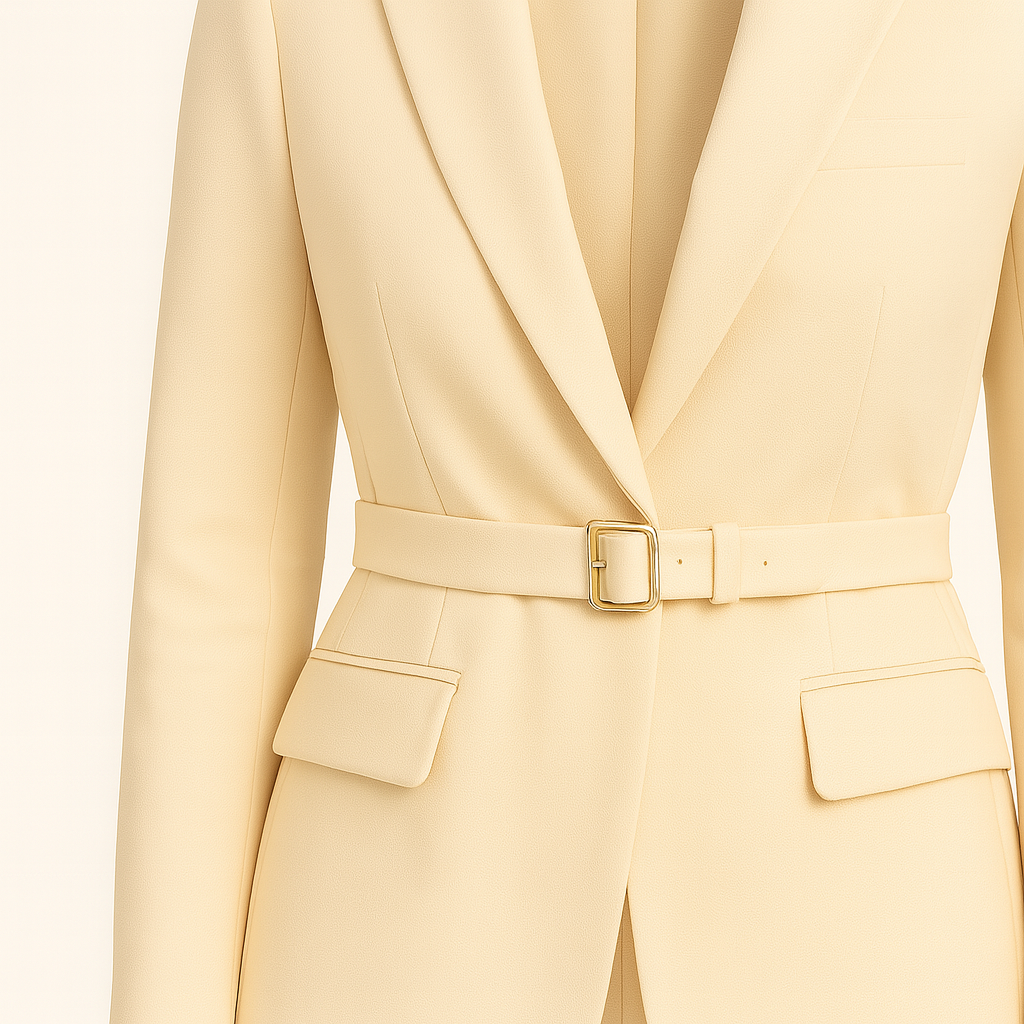 A tailored cream-colored blazer featuring a notched lapel collar, long sleeves, and a matching fabric belt with a rectangular buckle at the waist. It has a structured silhouette with two front flap pockets and a smooth, elegant finish.