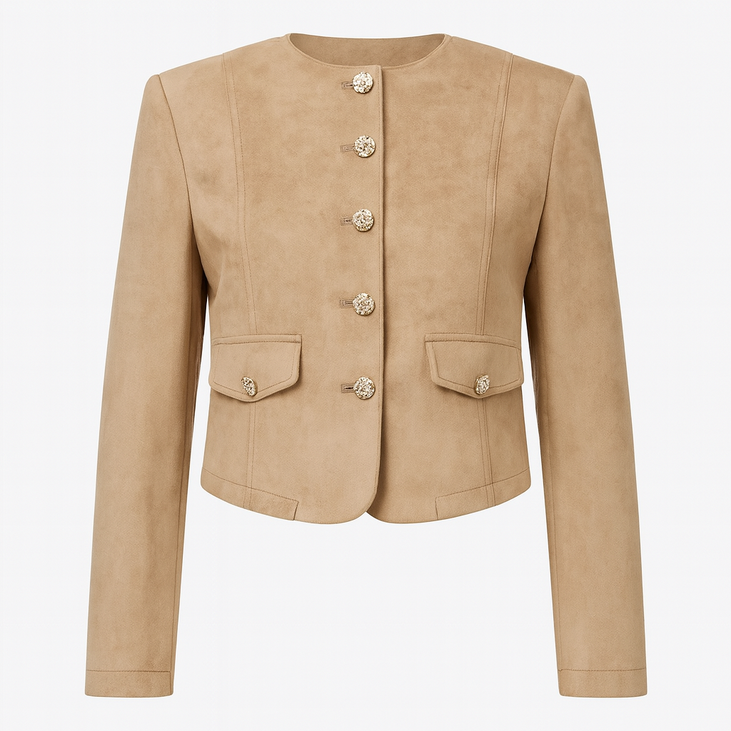 A cropped beige suede jacket with ornate golden buttons, flap pockets, and a round neckline.